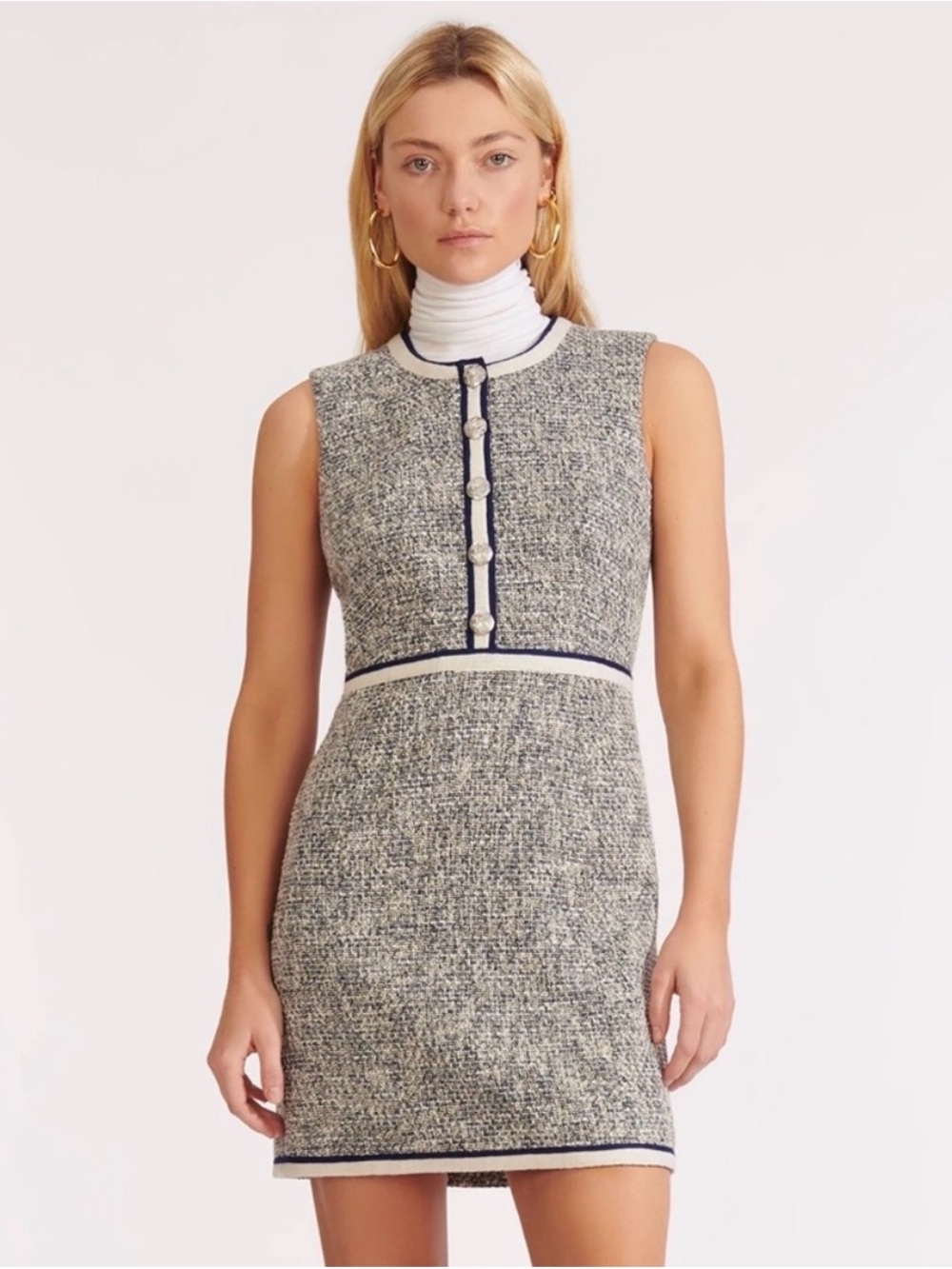 Veronica Beard Gray Tweed Sheath Dress with Navy Trim